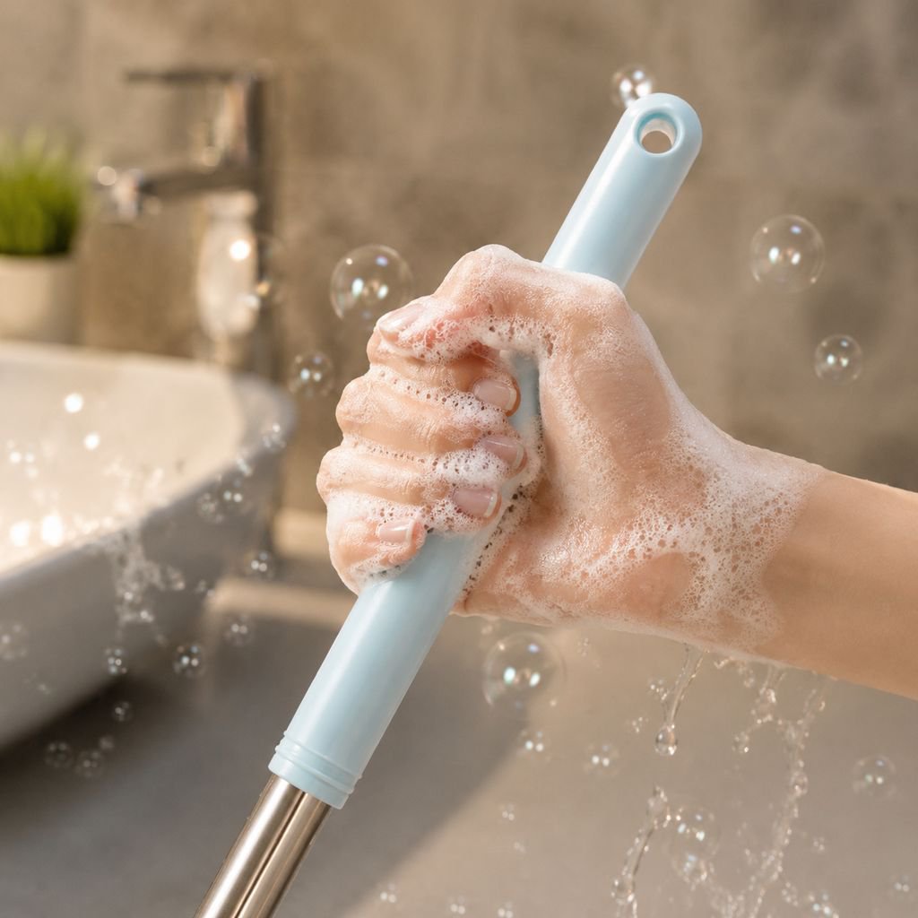 Bathroom cleaning tool with non-slip long handle