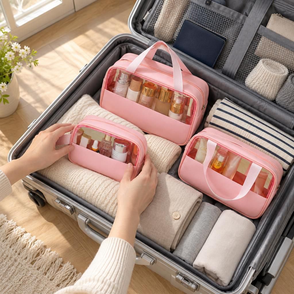 パッチワーク加工の厚手PVC透明化粧ポーチ、旅行用トイレタリーバッグ、多機能バスルーム化粧品収納バッグ