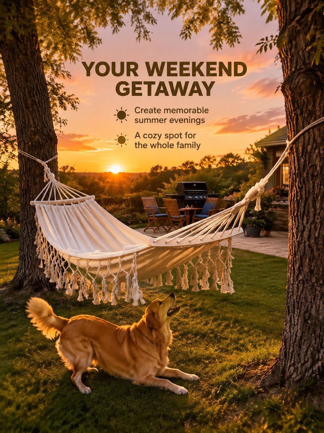 Spacious adult hammock with boho tassel accents