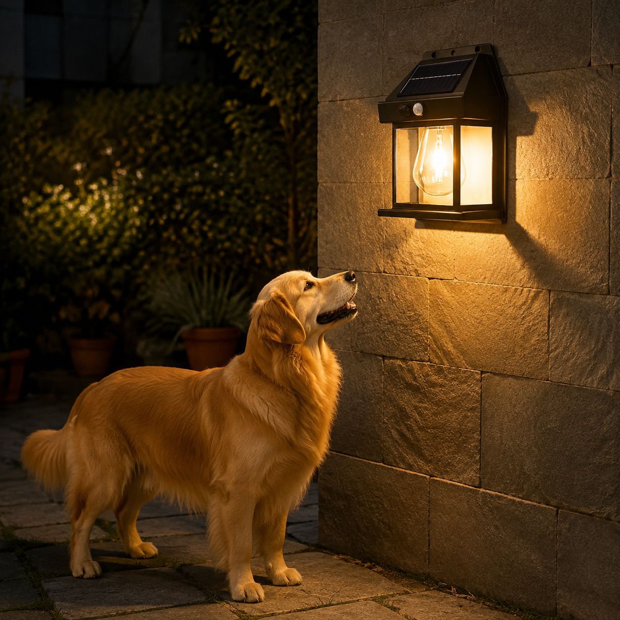 Retro style solar wall lantern on brick wall