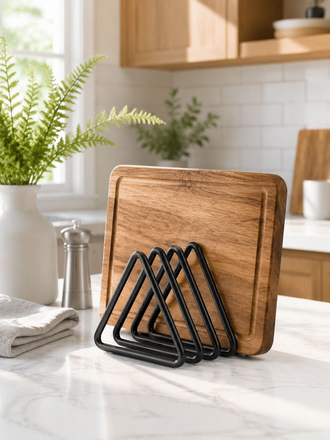 Multi-functional cutting board organizer rack on kitchen countertop