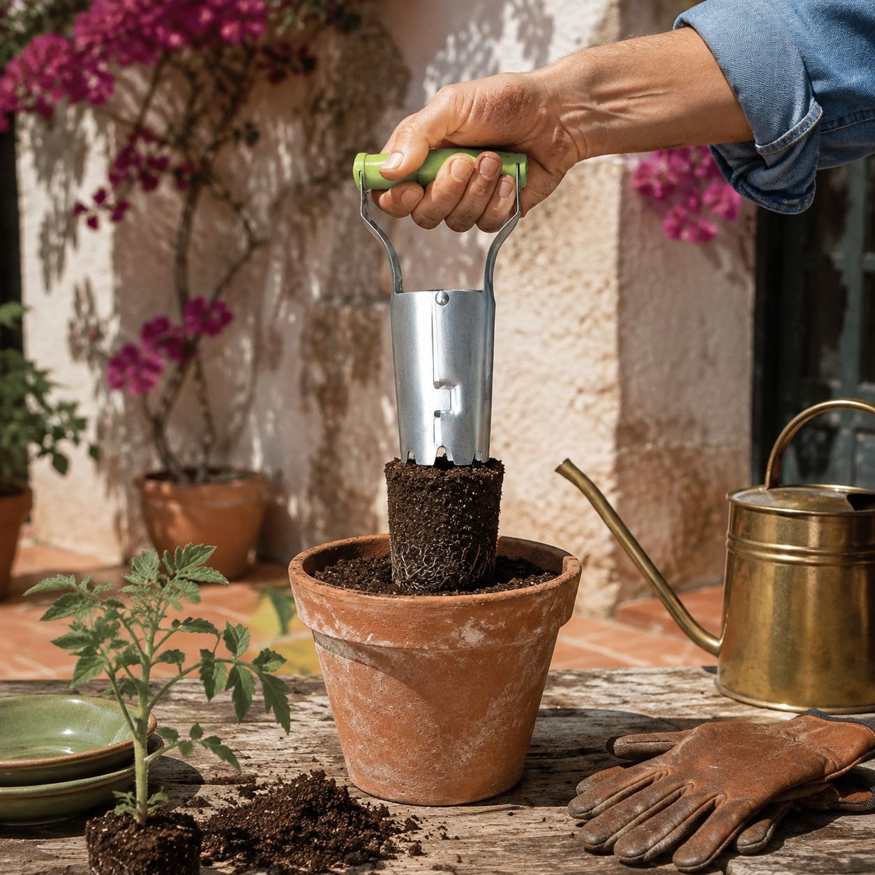 Plantador cilíndrico para trasplante de hortalizas y flores