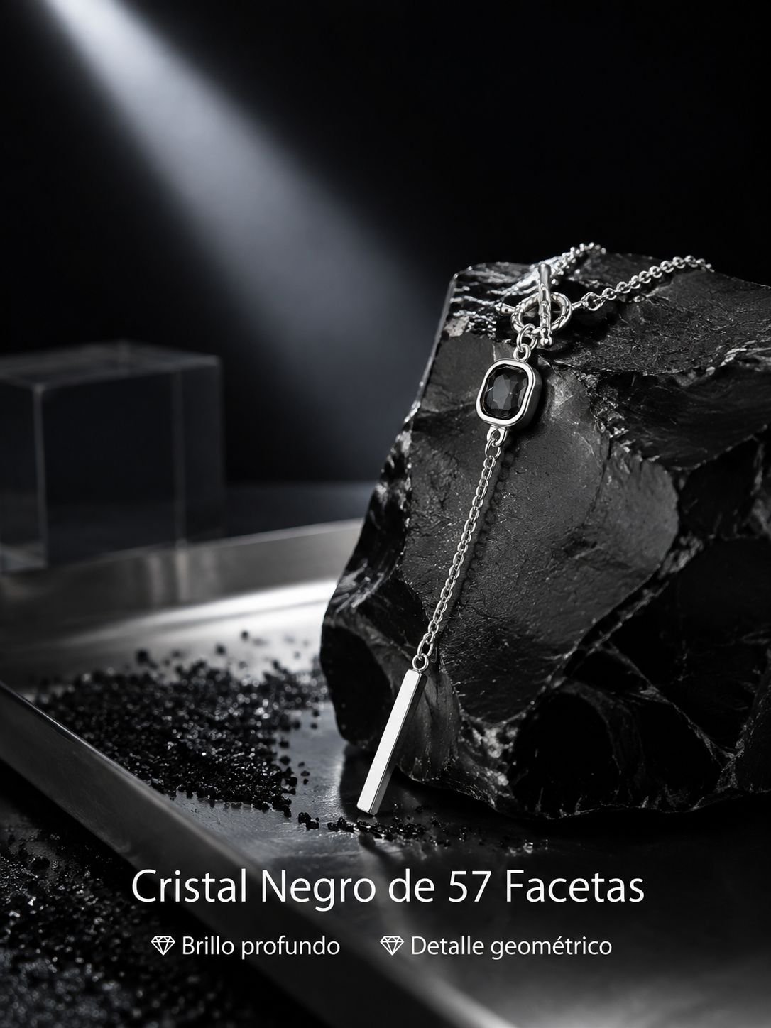 Collar de diamantes negros cuadrado con diseño geométrico, estilo oscuro y minimalista para mujer