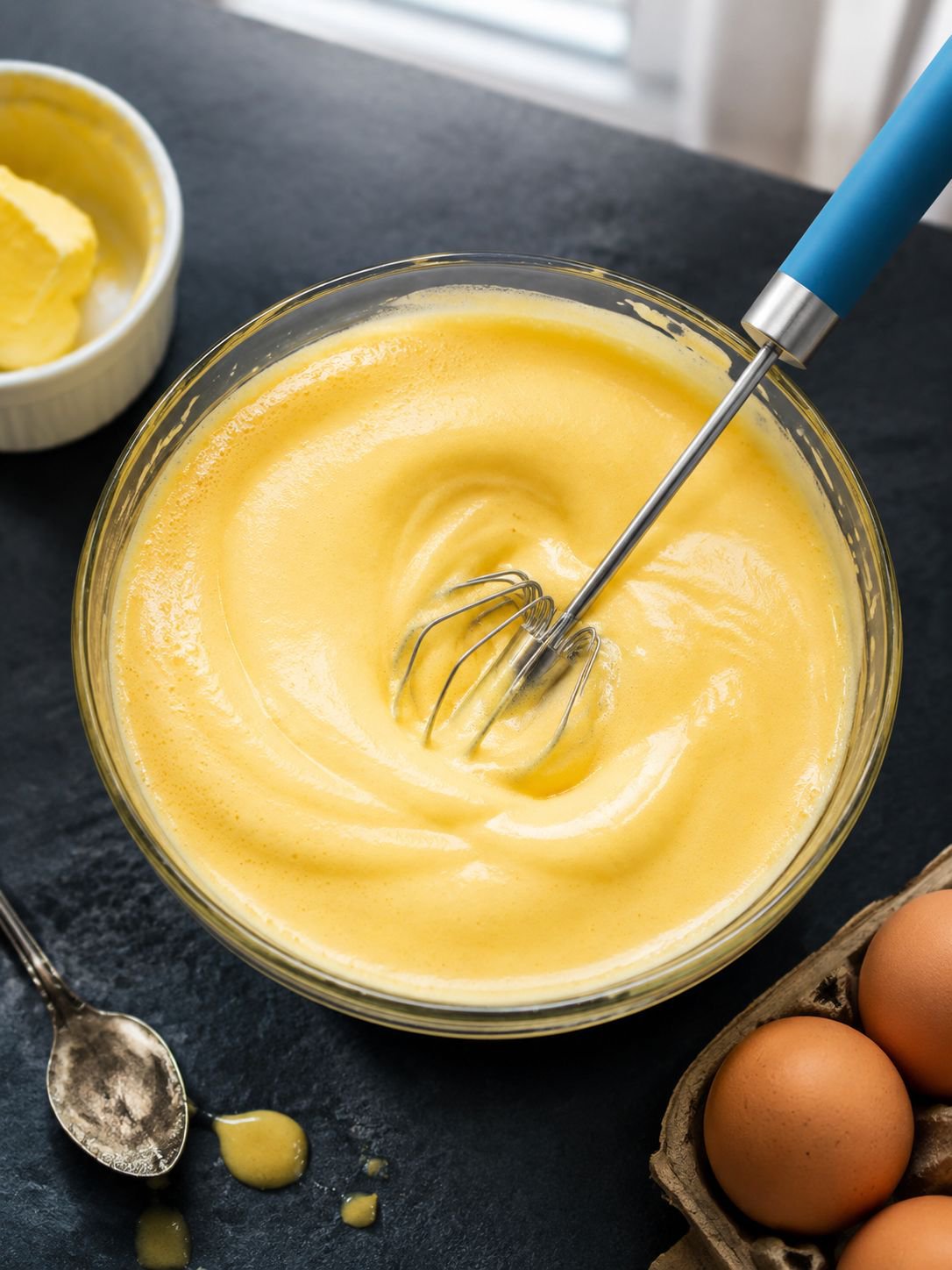 Manual mixer blending eggs in glass bowl