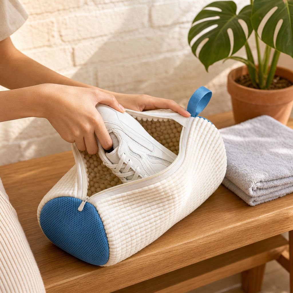 Anti-deformation brush gently cleaning a white sneaker
