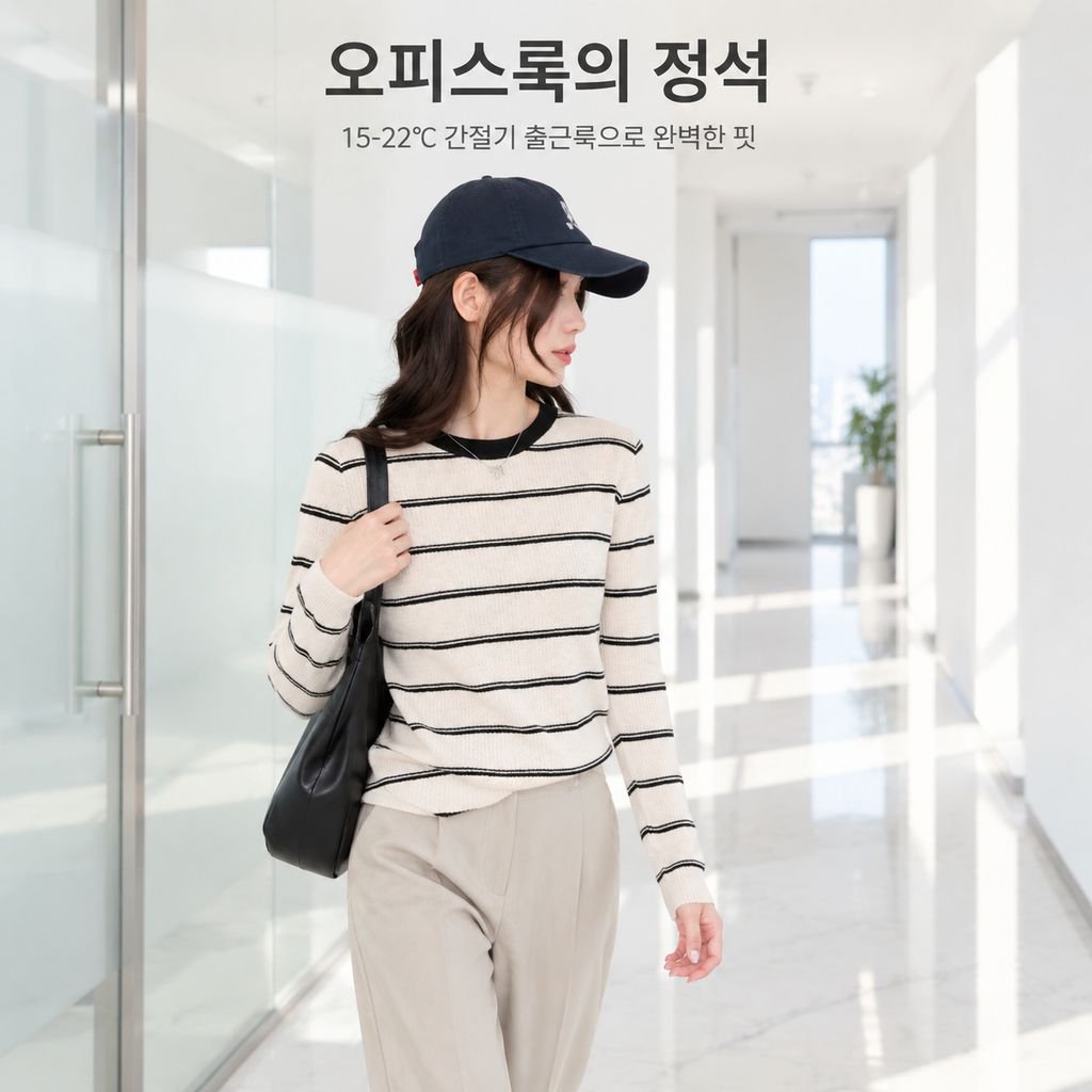 가을 한국 스타일 패션 라운드 넥 풀오버 니트, 배색 스트라이프 슬림핏 긴팔
