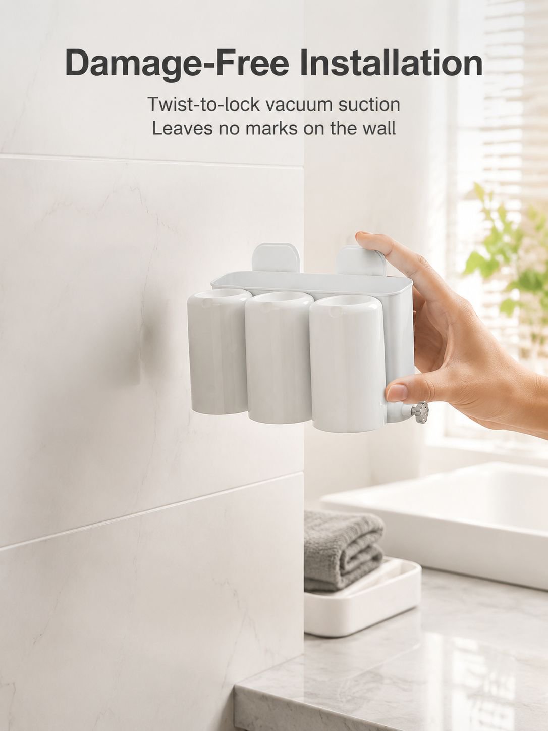 Space-saving toothbrush stand mounted without drilling