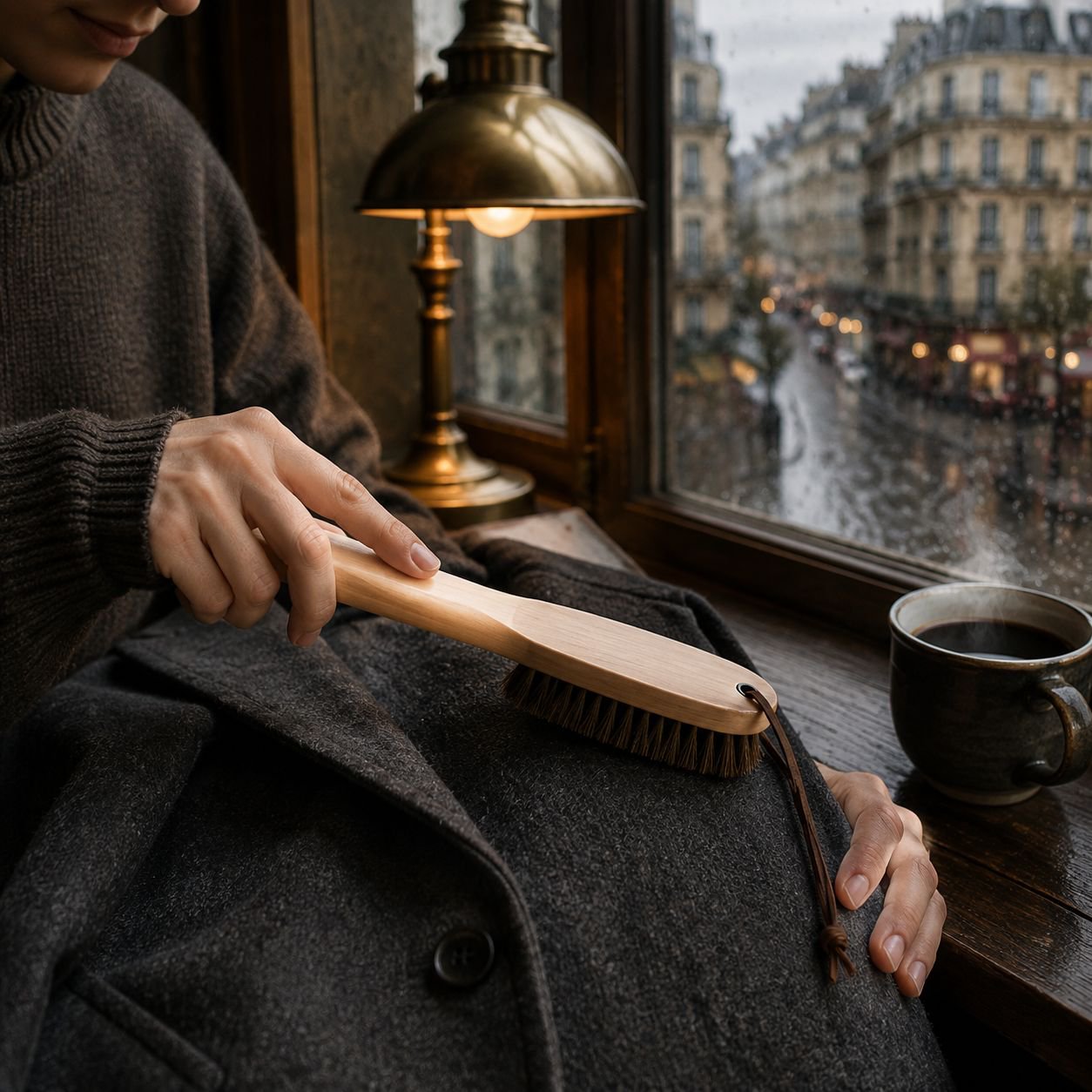 Brosse d'entretien pour manteau en laine sur fond blanc