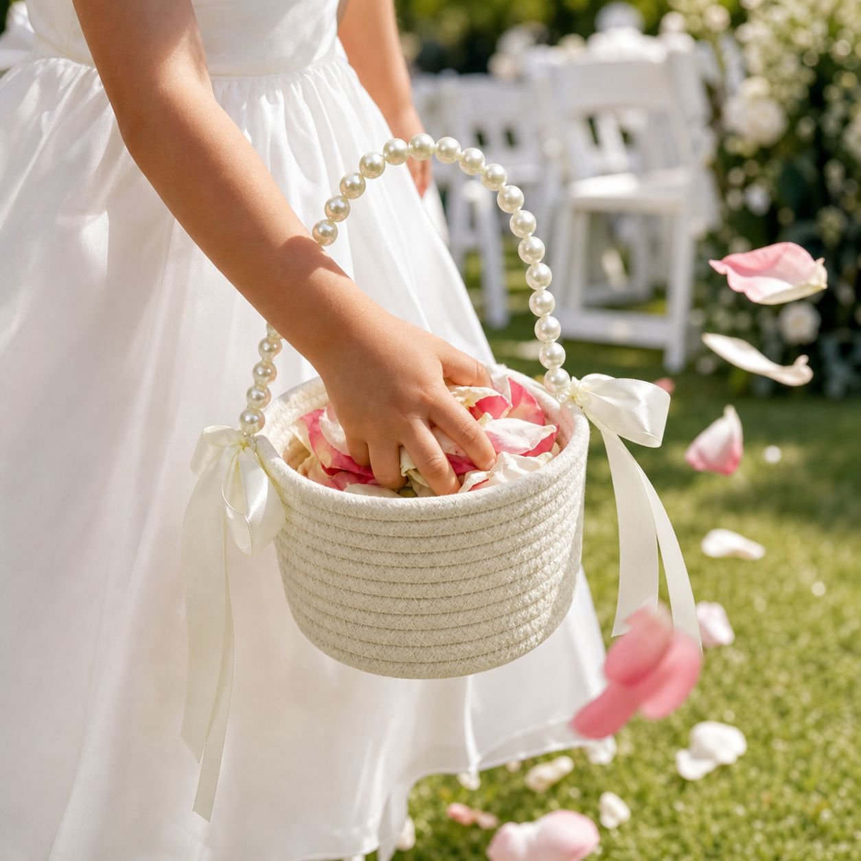 Close up of cotton rope flower basket handle