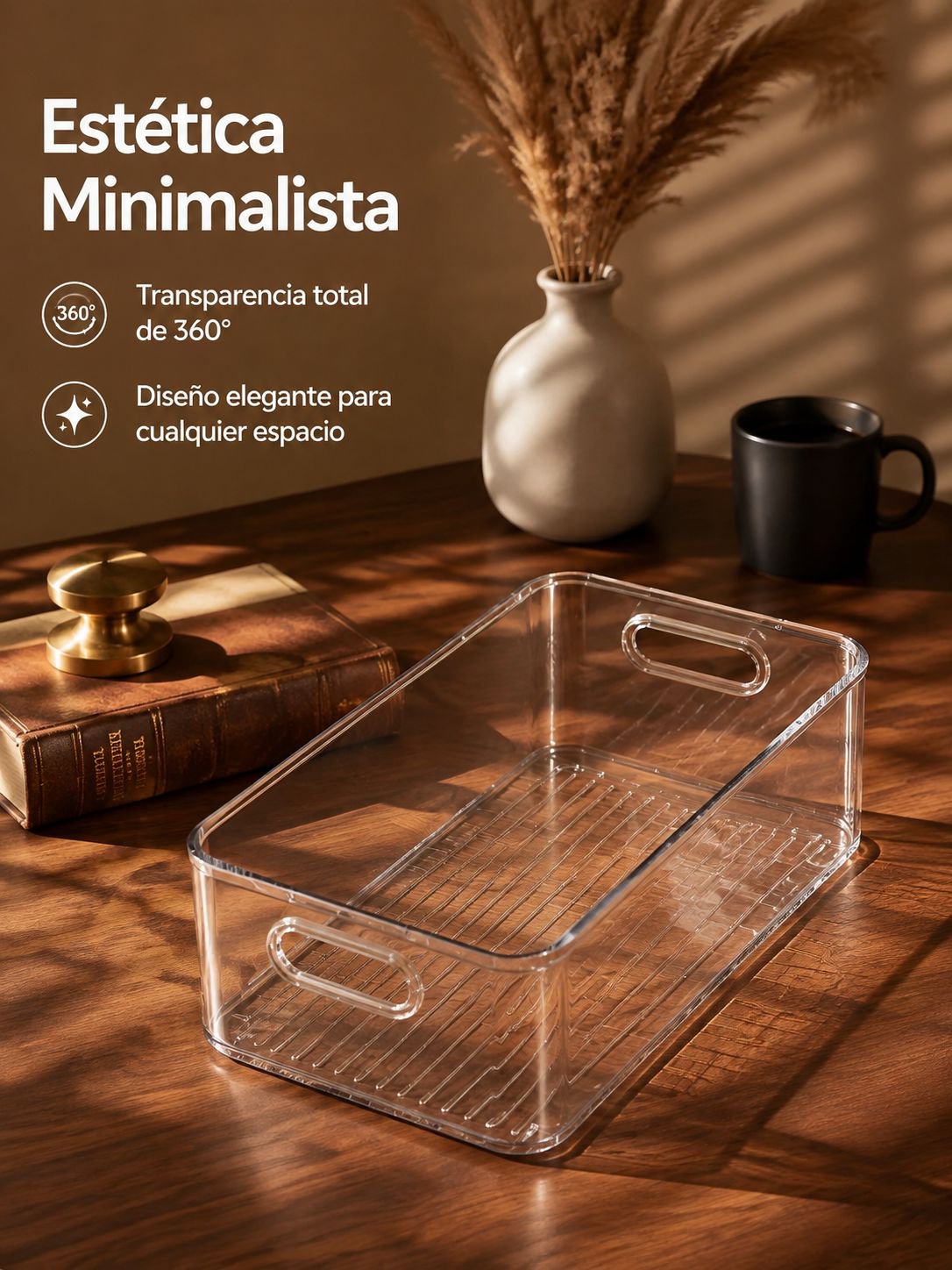 Vista frontal de la caja organizadora de acrílico mediana para escritorio
