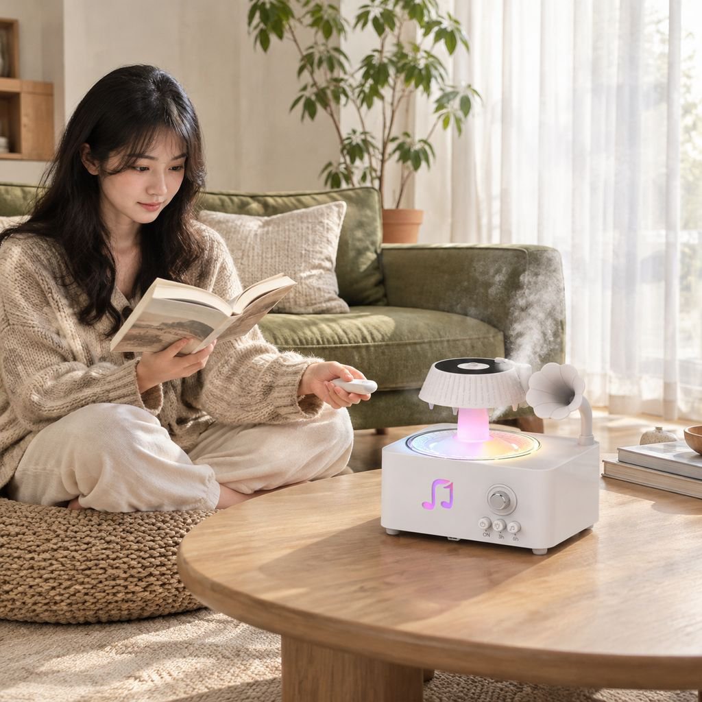 レトロ蓄音機風の雨滴加湿器、7色ムードライト・リモコン付き、家庭用静音アロマディフューザー