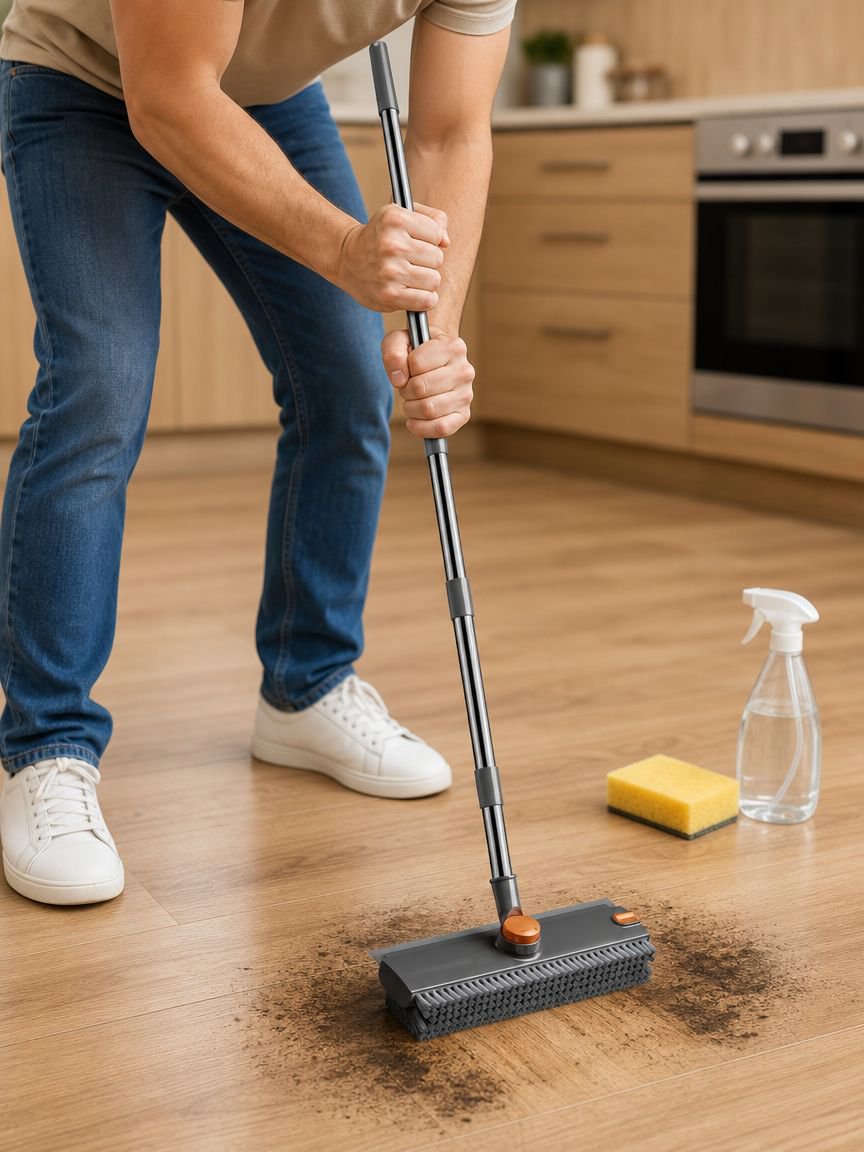 V-shaped grout brush removing stains from tiles