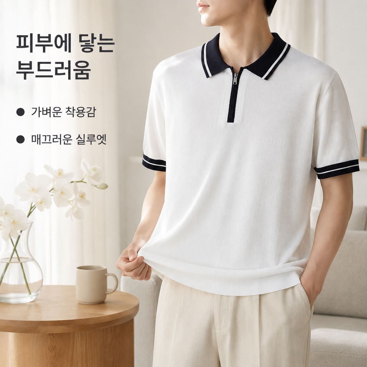남성용 아이스 실크 컬러 블록 지퍼 폴로 반팔 셔츠