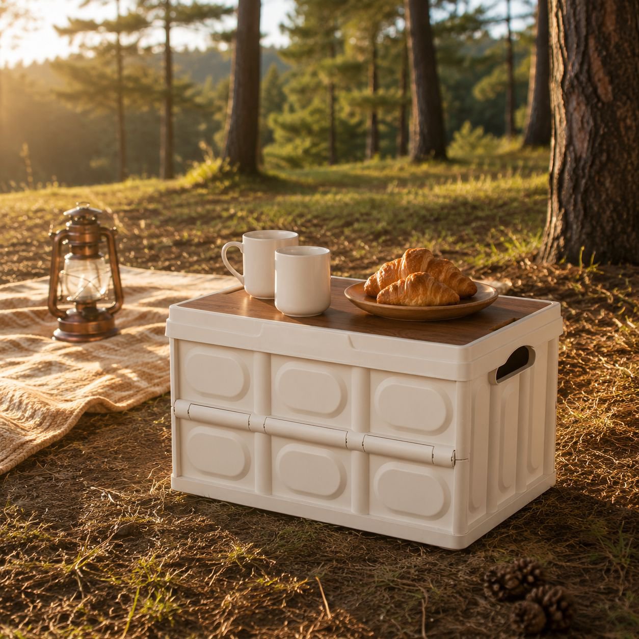 Portable Folding Storage Basket with Wooden Tabletop