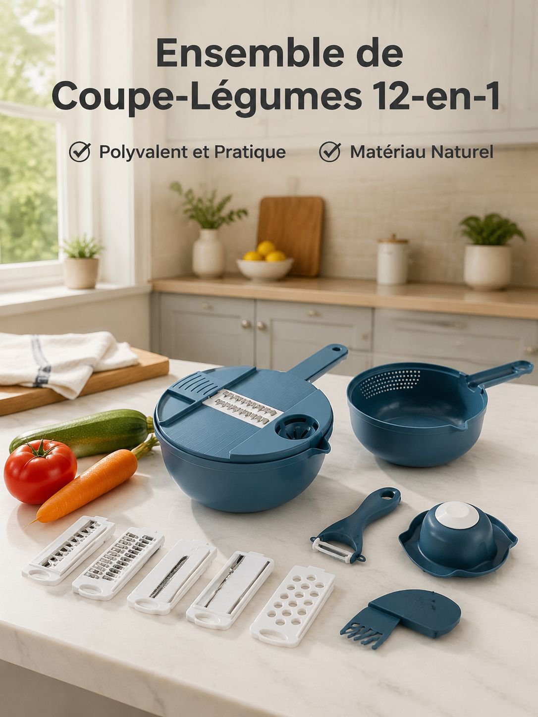 Ensemble multifonction 6 pièces pour légumes - essoreuse, râpe et coupe-légumes