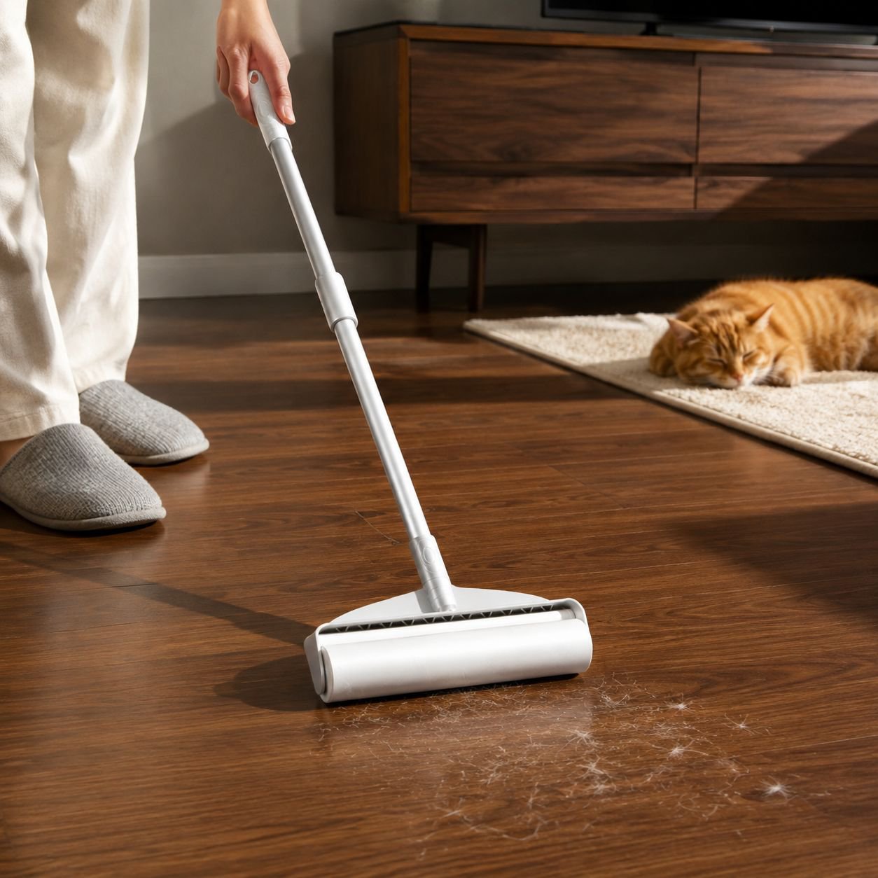Extendable handle lint roller reaching high surfaces