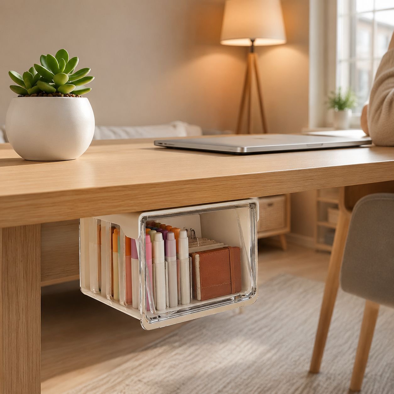 Under-table transparent storage box installed beneath a desk