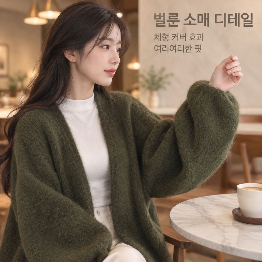 여성용 오픈 프론트 V넥 랜턴 슬리브 루즈핏 니트 가디건