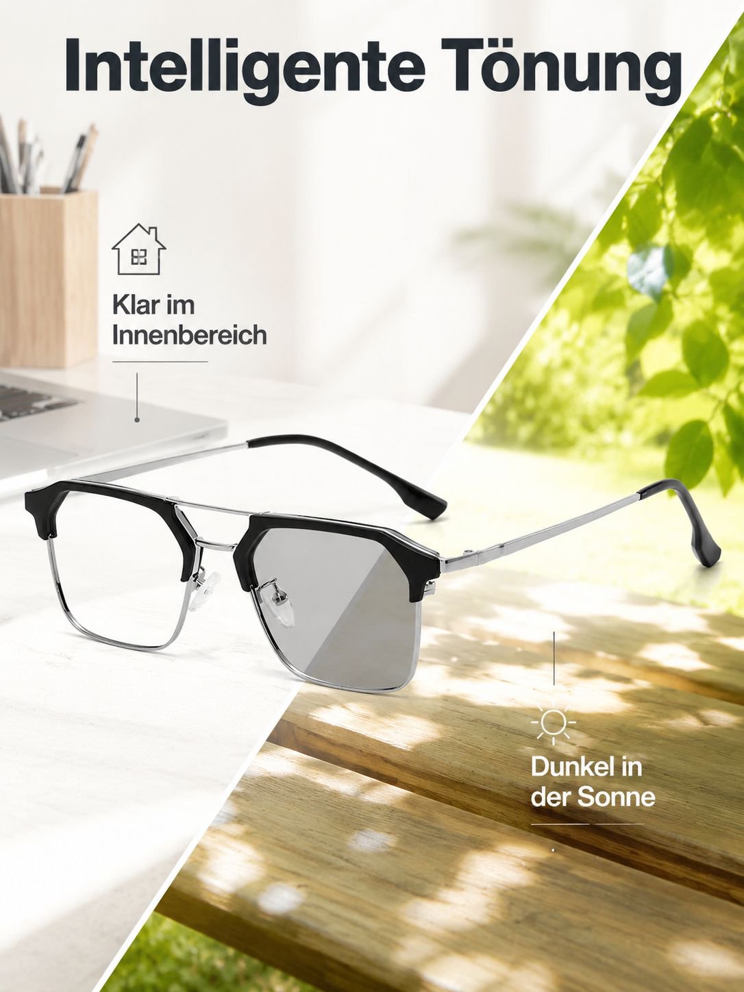 Fern- und Nahsicht-Brille mit photochromatischen Gläsern und Blaulichtfilter für Kurzsichtige