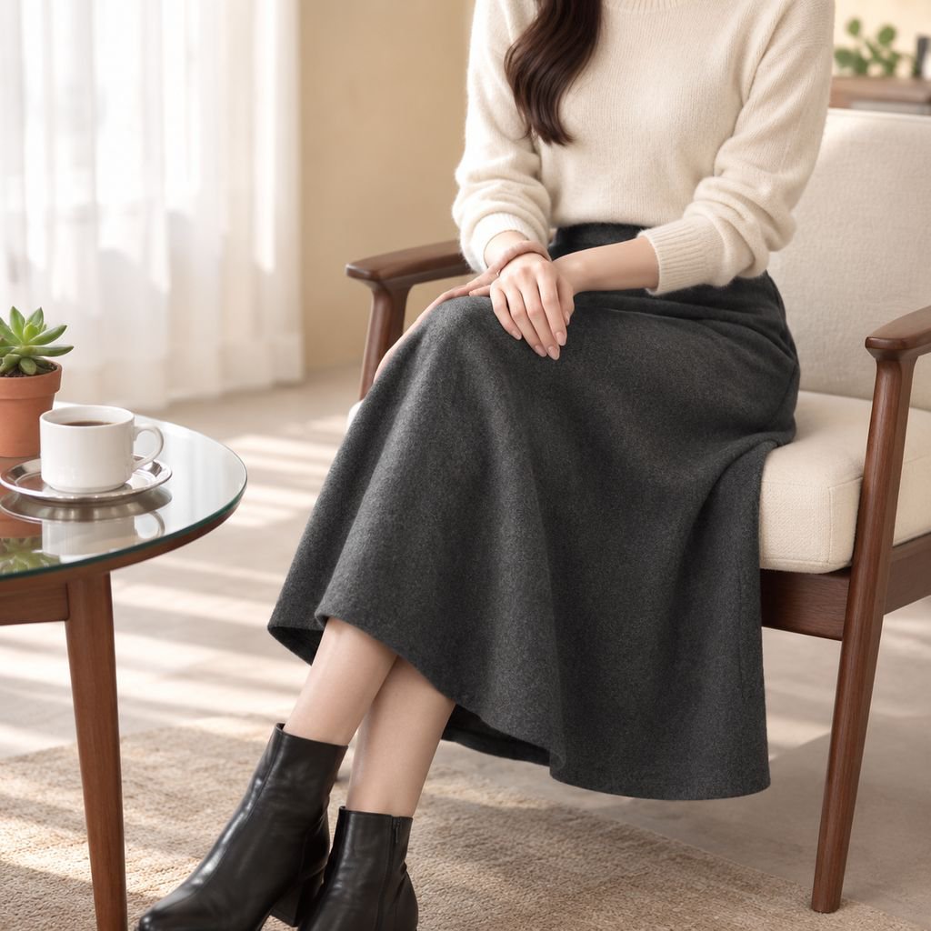 겨울 블랙 드롭 레귤러 미디 스커트 컬러 기모 미디 스커트