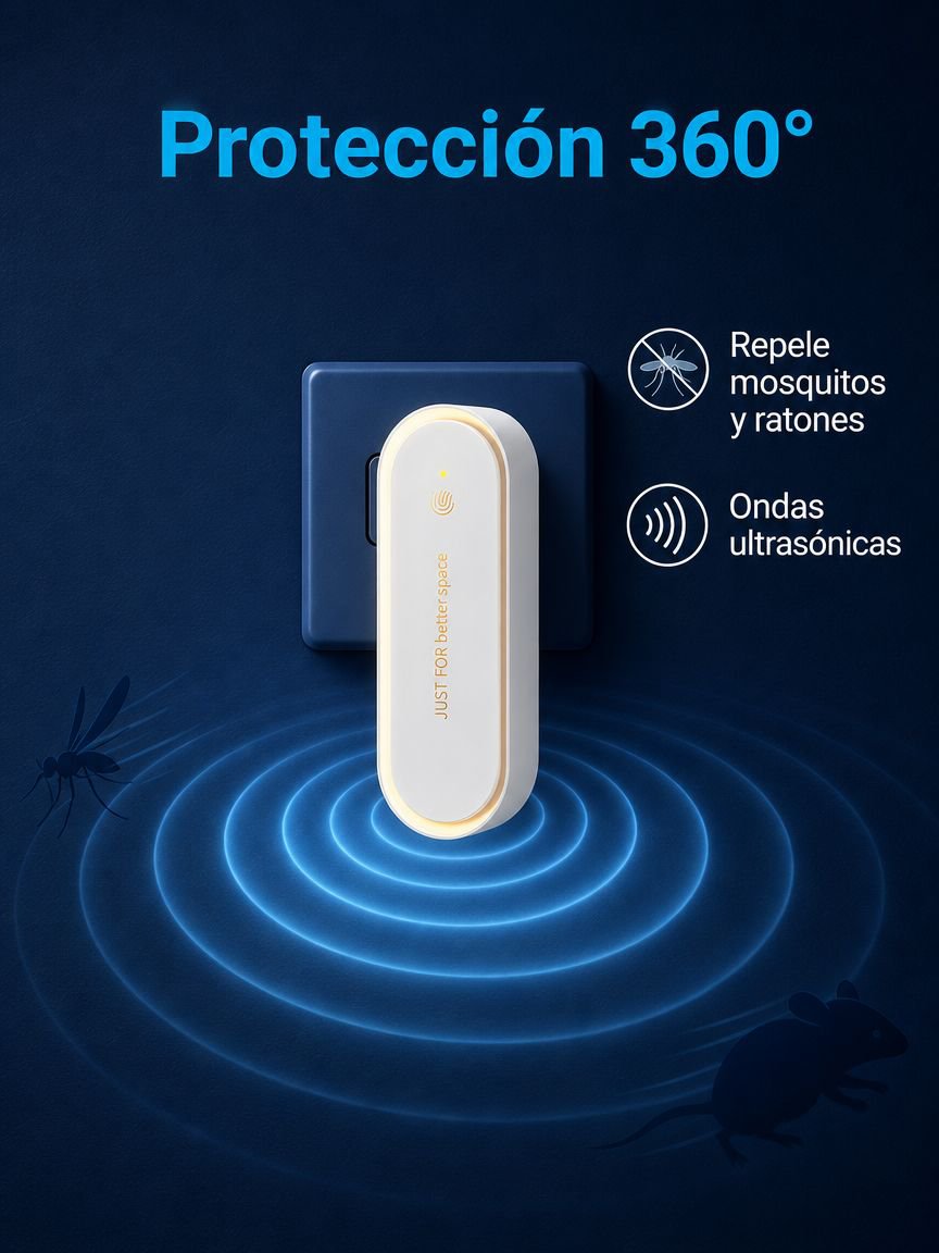 Eliminador ultrasónico de mosquitos silencioso con luz LED, protección 360°