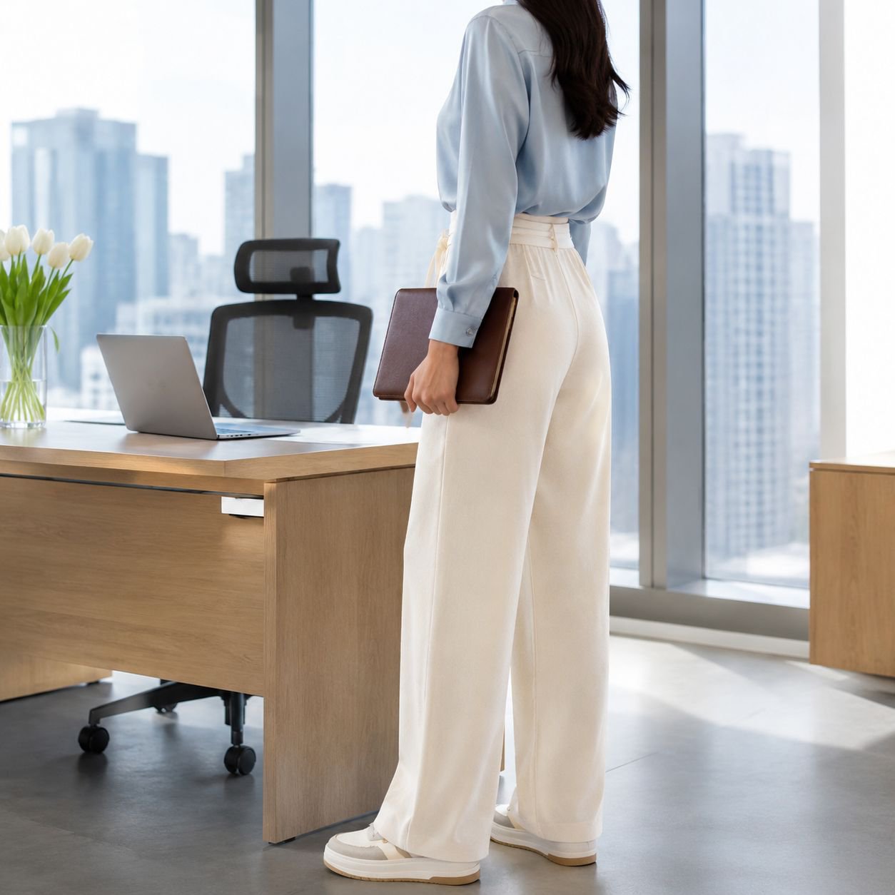 Pantalones casuales de felpa para mujer con cintura alta y pierna ancha para uso diario