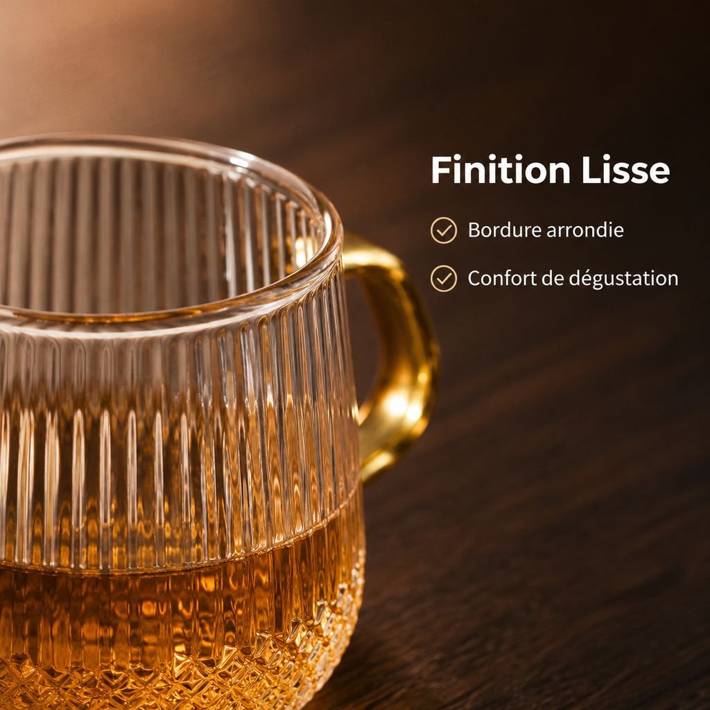 Tasse à thé en verre rayé avec poignée ergonomique