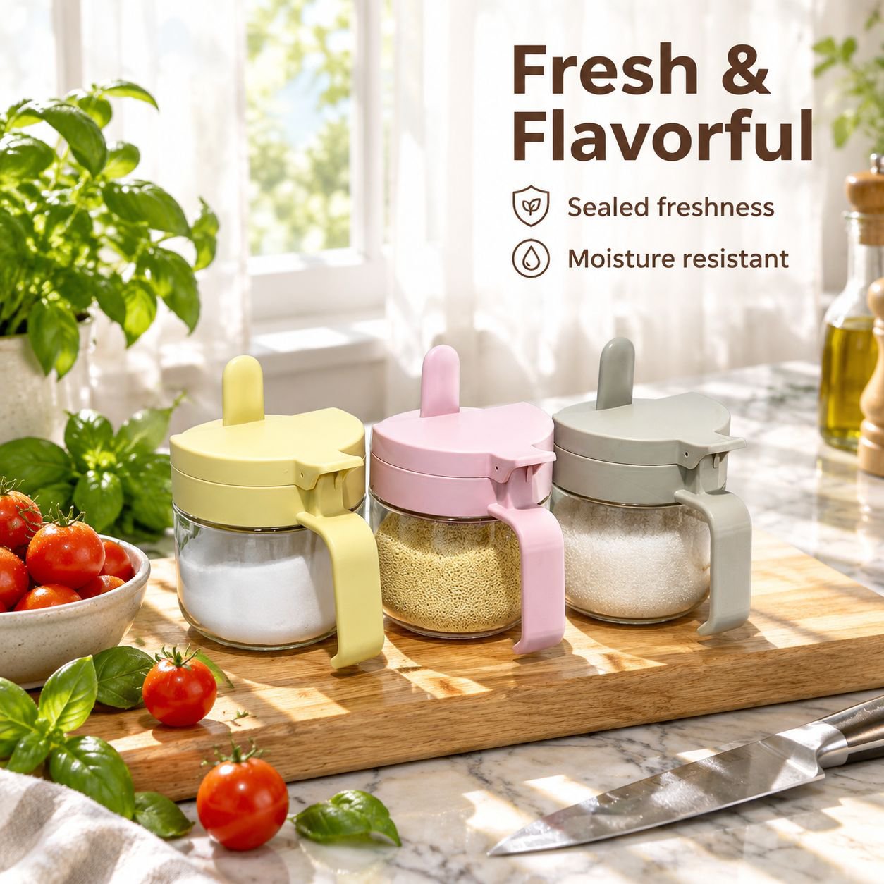 Airtight Moisture-Proof Plastic Spice Jar with Press Pop-Up Lid and Built-in Spoon