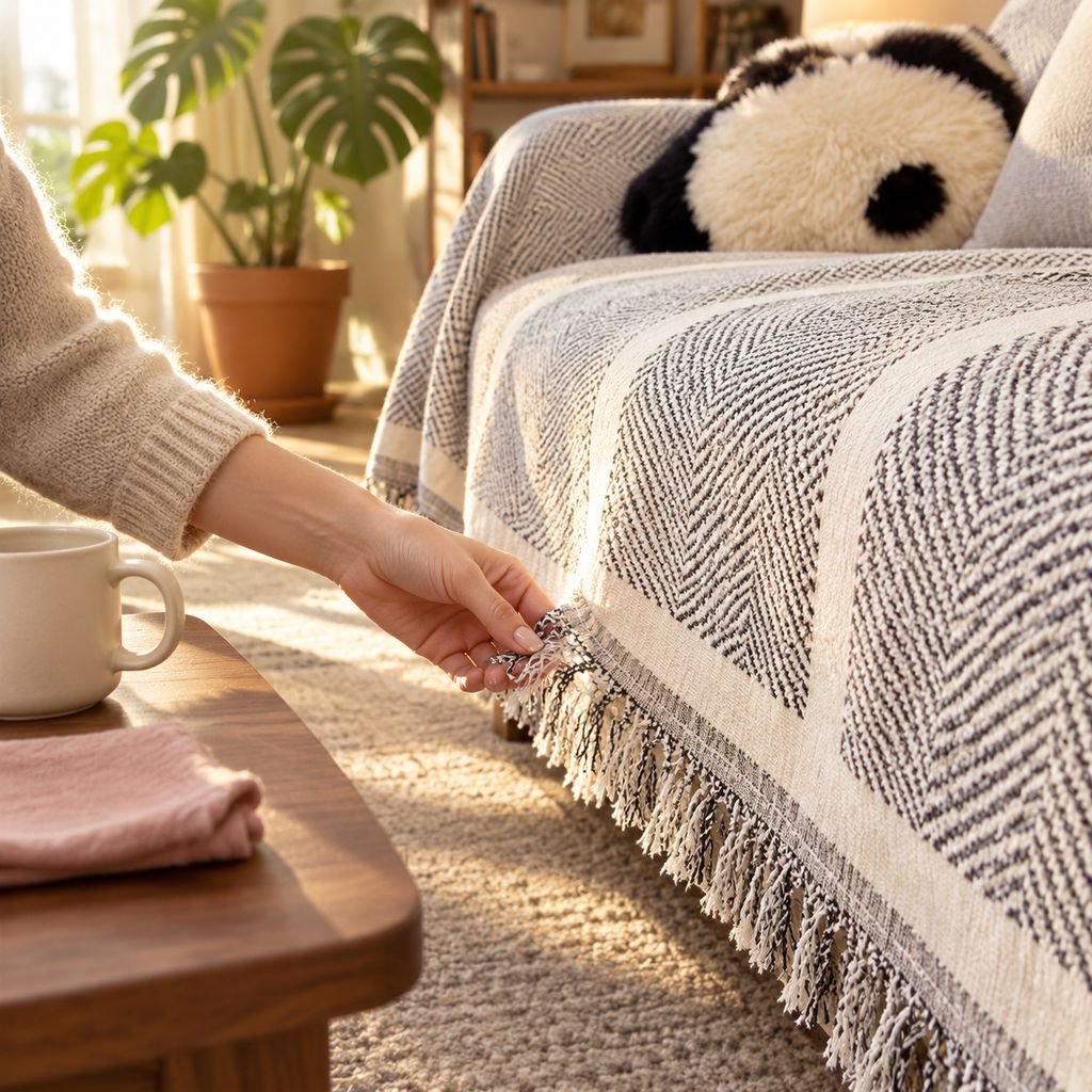 Black and white chenille sofa cover, anti-slip, cat scratch-proof
