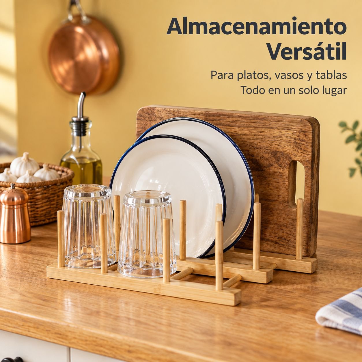 Escurridor y Organizador de Platos de Bambú para Cocina