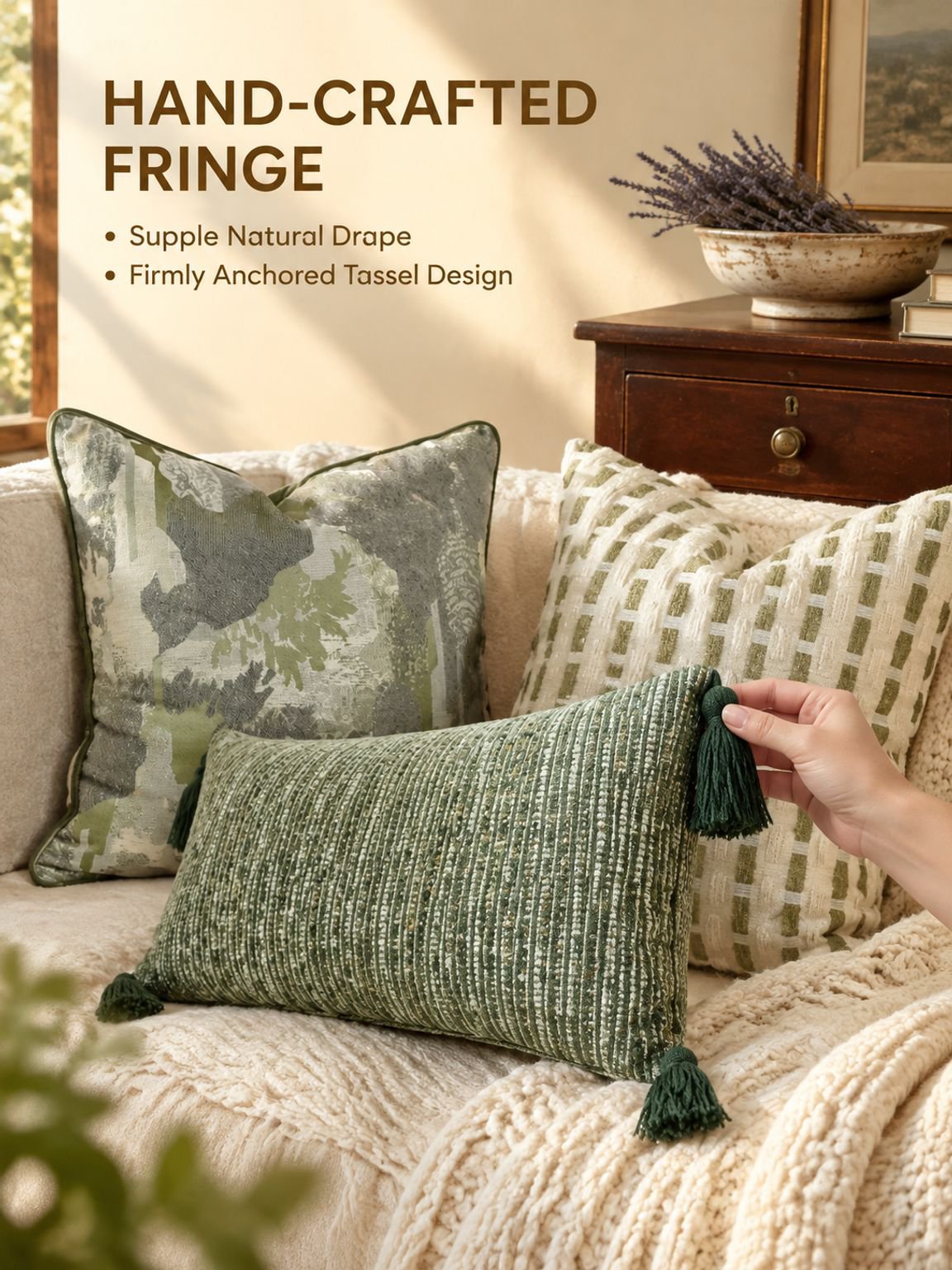 Vintage inspired green accent pillow with rustic texture