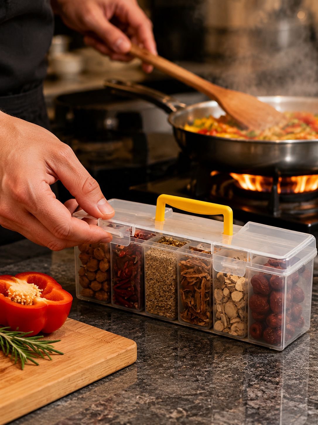 Compact spice jar holder maximizing cabinet space in a modern kitchen