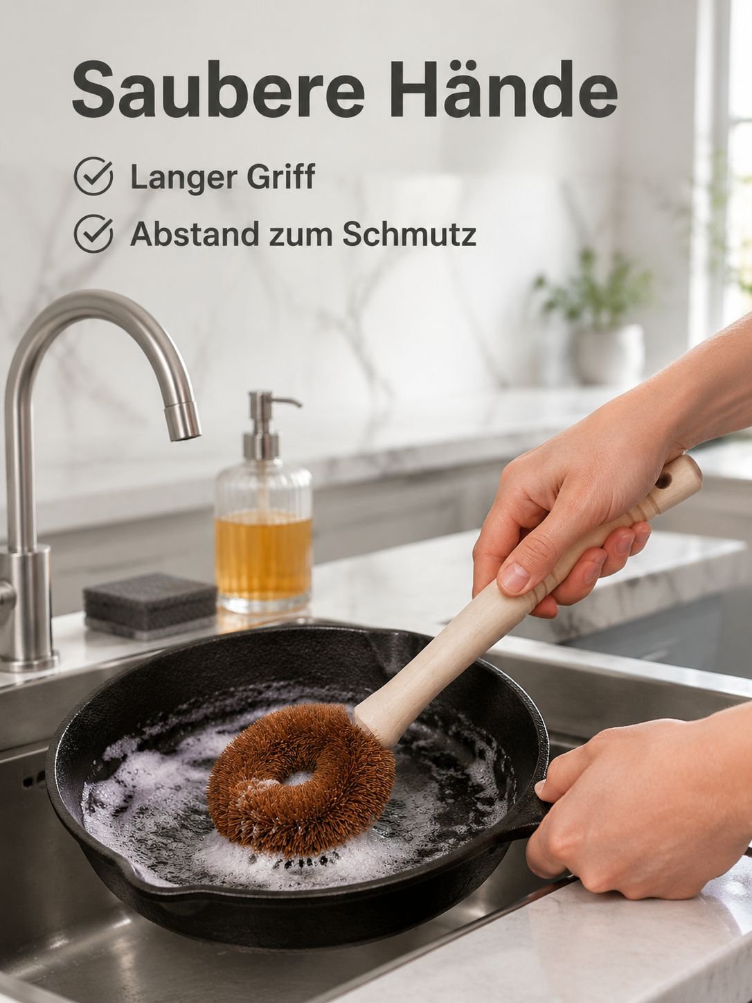 JMY – Natürliche Topfbürste mit langem Griff aus Kokosfaser, schont Kochgeschirr