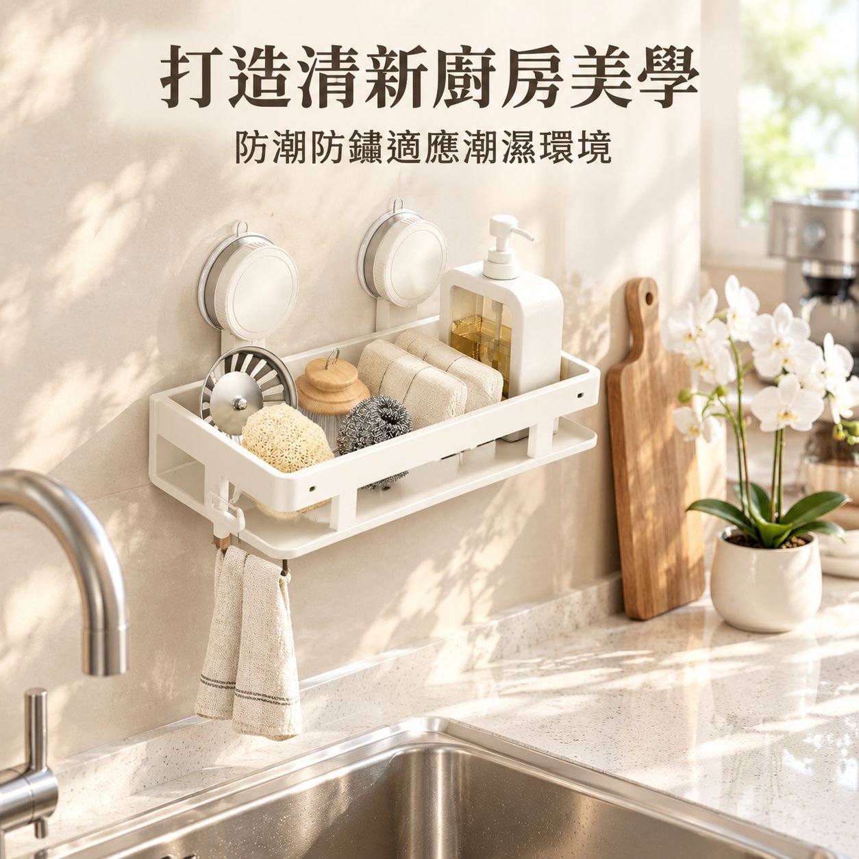 吸盤式廚房收納置物架 免打孔抹布瀝水架 海綿壁掛架 水龍頭水槽多功能神器