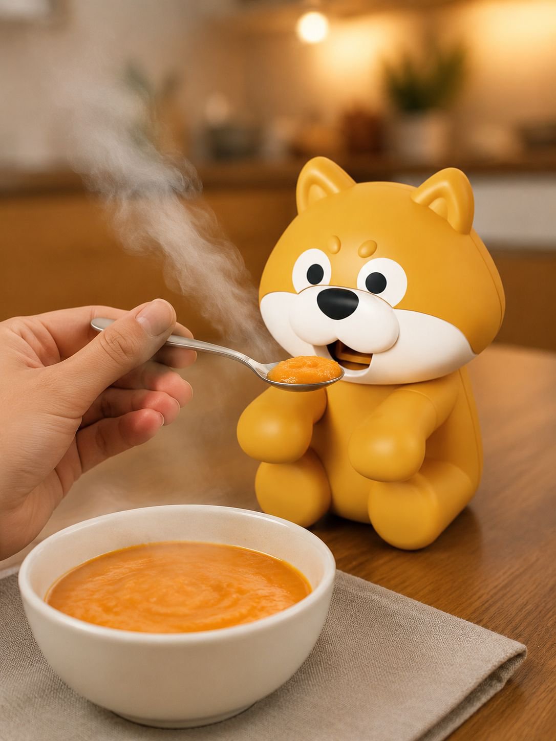 Cooling fan positioned beside a bowl of cat food