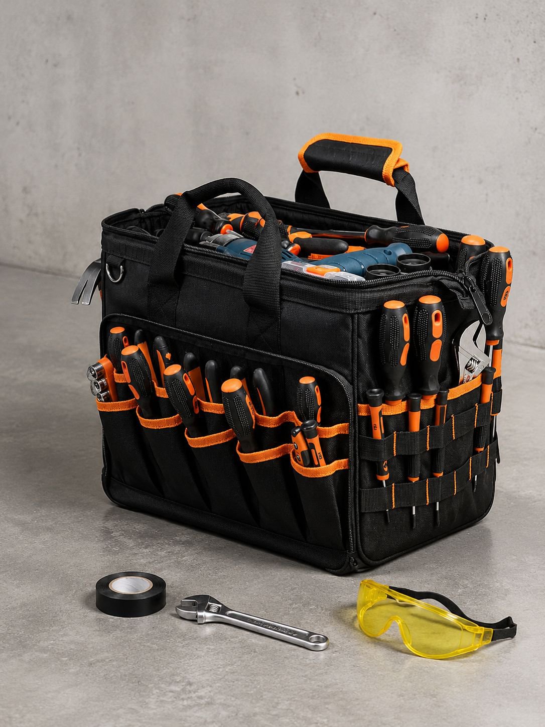 17-inch Heavy Duty Electrician Bag for Men, Foldable Wide-Mouth Storage Bag with Adjustable Shoulder