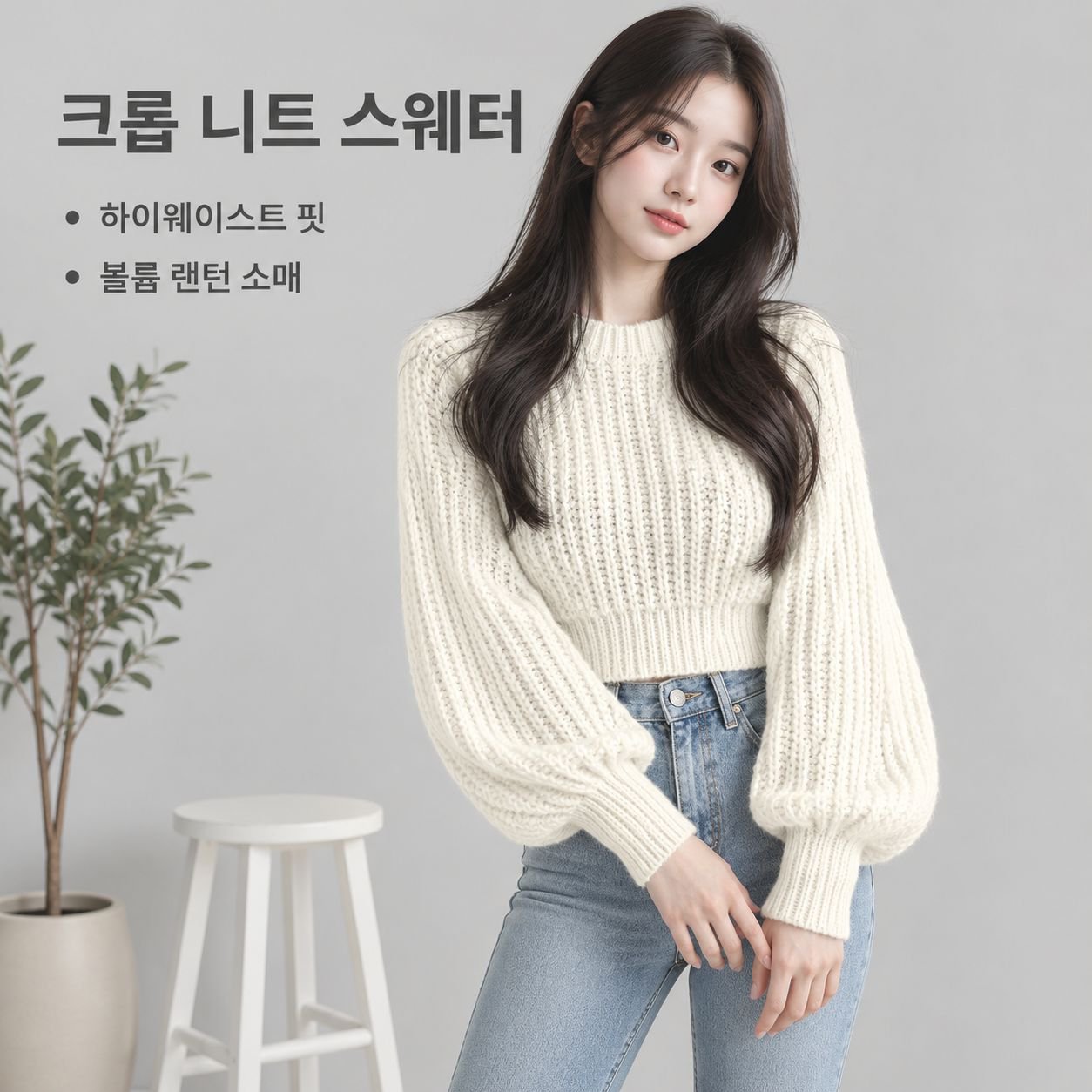 여성용 크루넥 크롭 풀오버 스웨터
