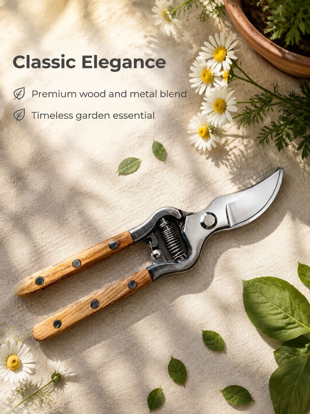 Garden pruning scissors with wooden handle and carbon steel blades