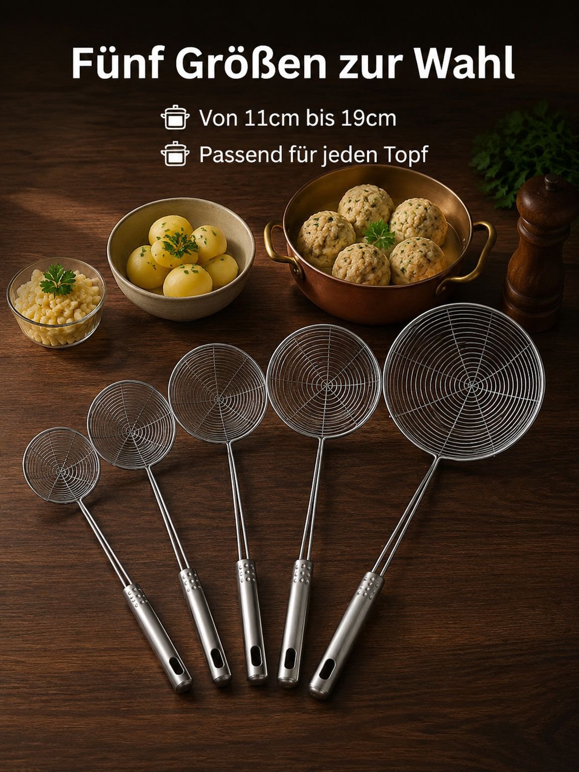Küchenhelfer aus Edelstahl zum Abschöpfen und Abseihen