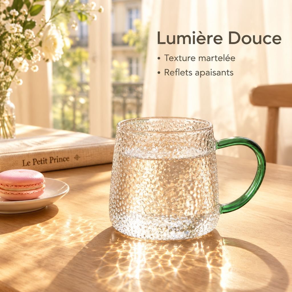 Tasse en Verre Borosilicate Martelé avec Anse Grande Capacité