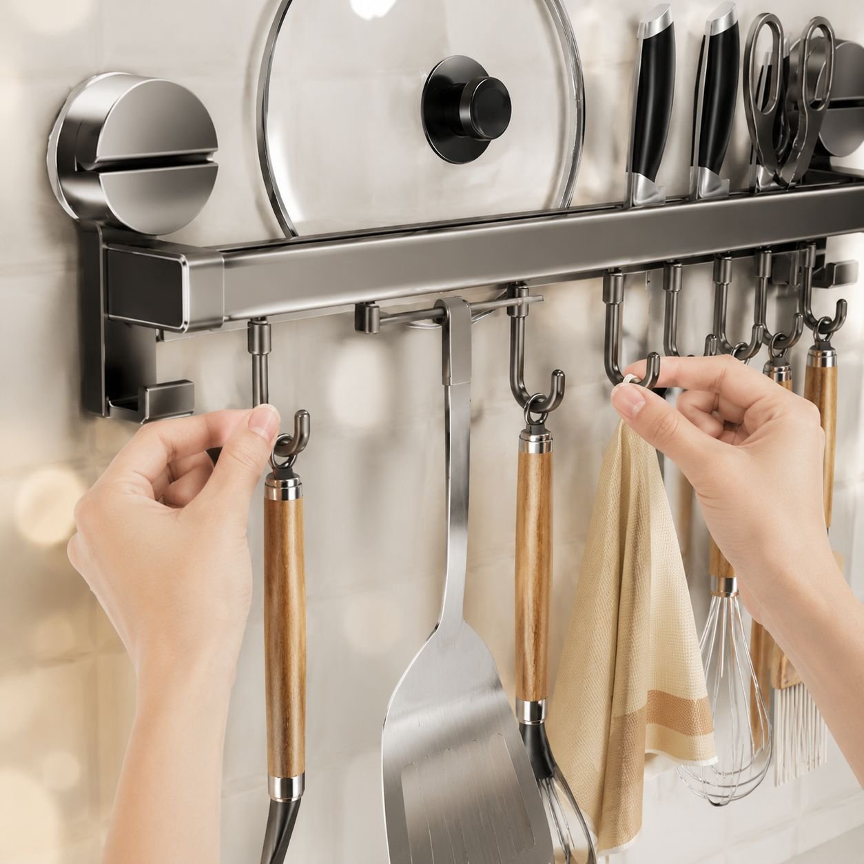 Space saving kitchen organizer with metal hanging bar