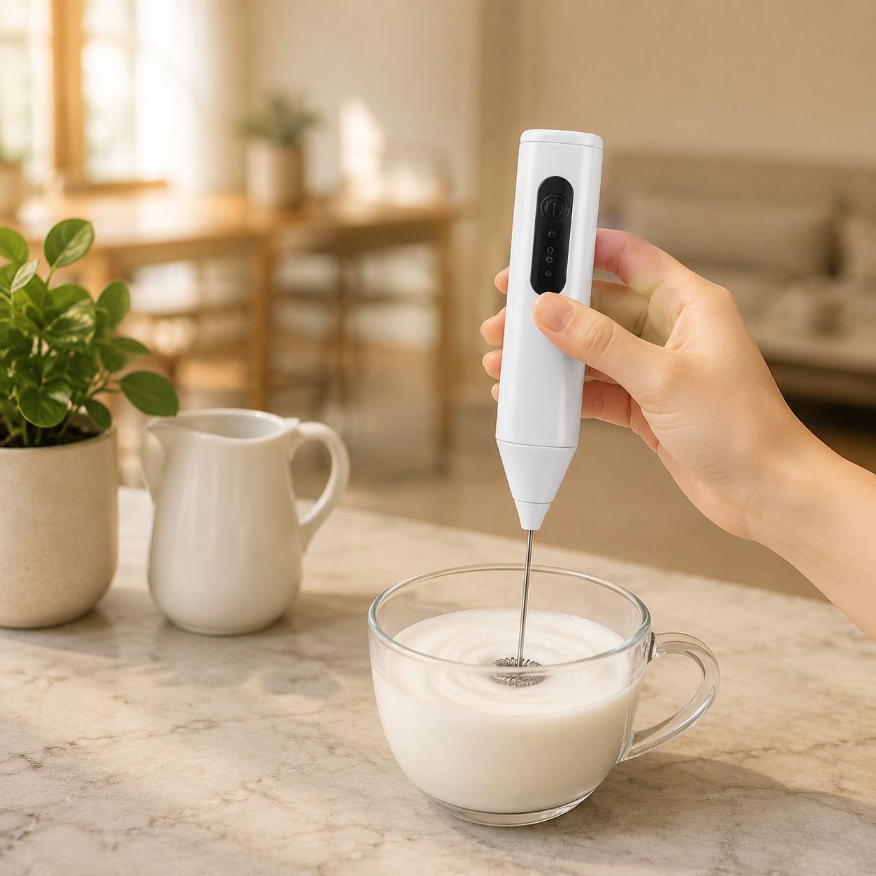 Rechargeable milk frother with USB charging cable