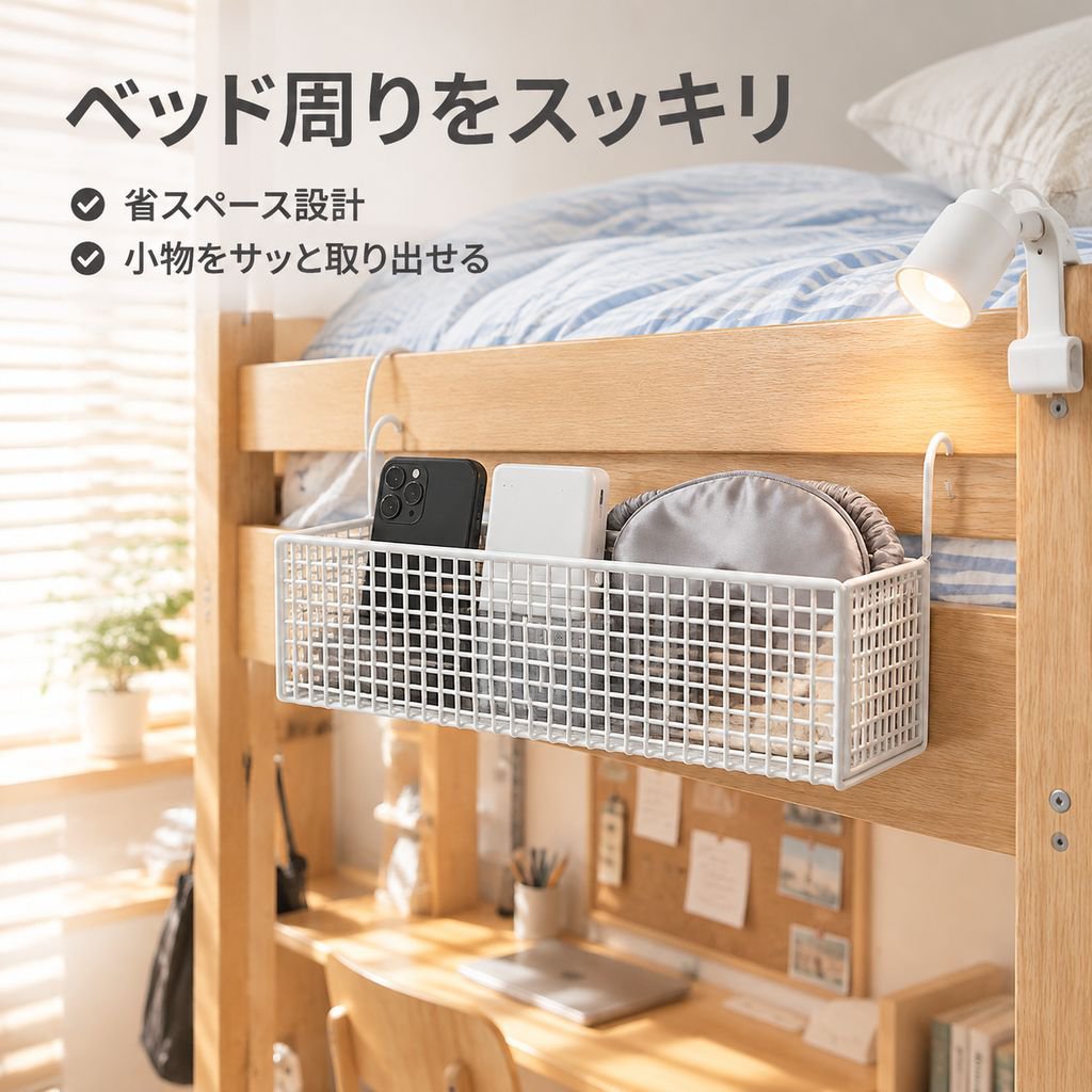 ベッドサイド収納ラック 吊り下げバスケット 穴あけ不要