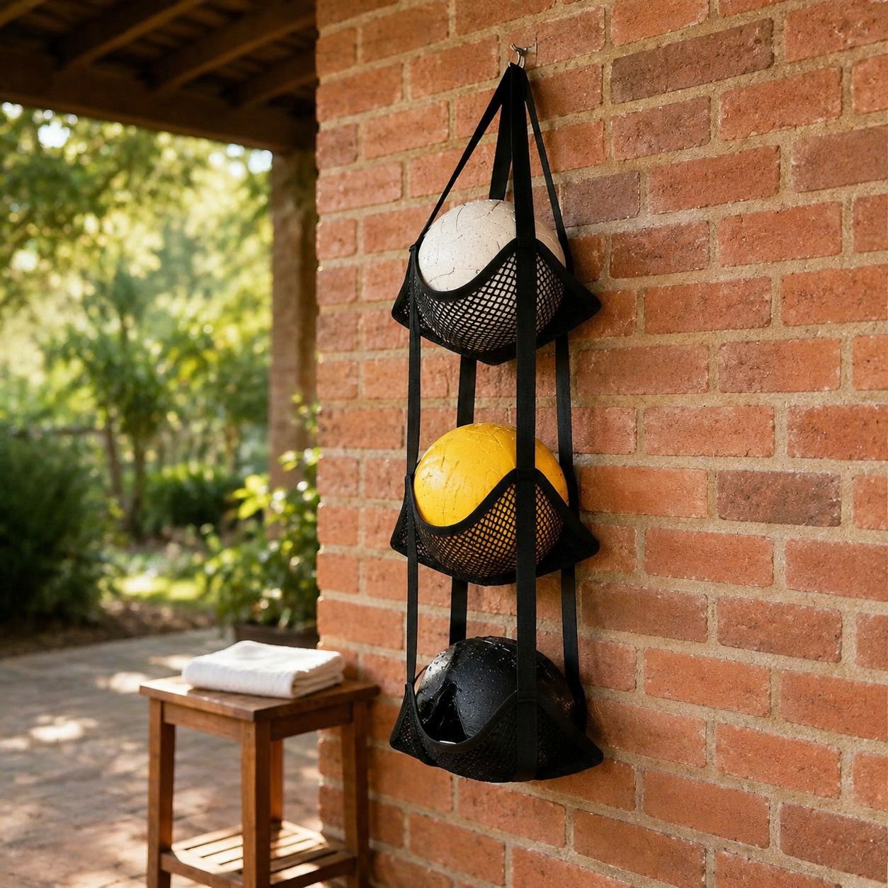 Multi-layer hanging shelf for organizing sports equipment