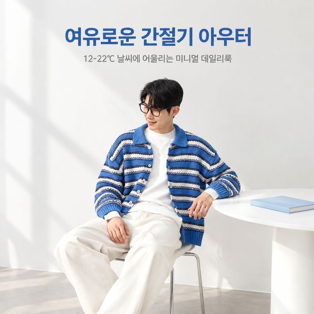 남성용 블루 앤 화이트 줄무늬 카라 니트 가디건 가을 시즌 너플한 멋이 있는 스웨터 상의