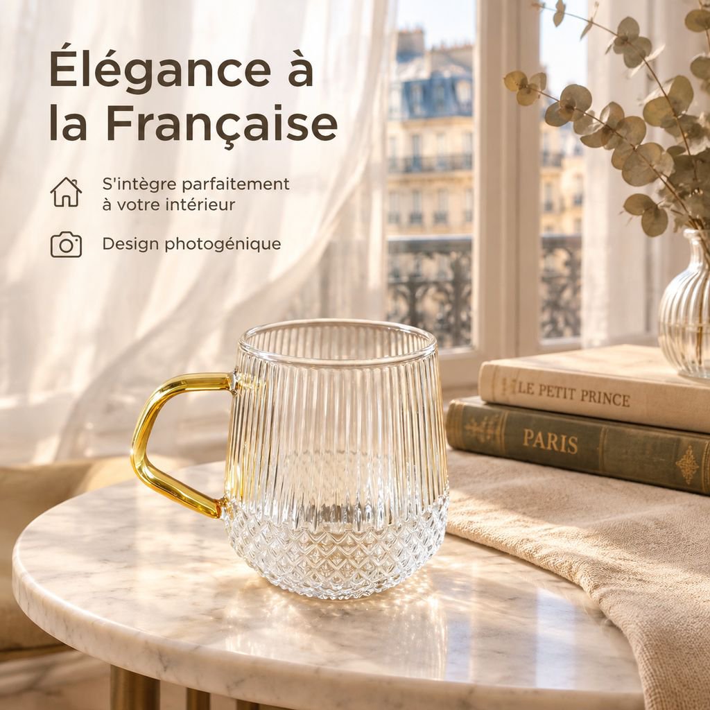 Tasse en verre borosilicate rayé avec anse pour le thé