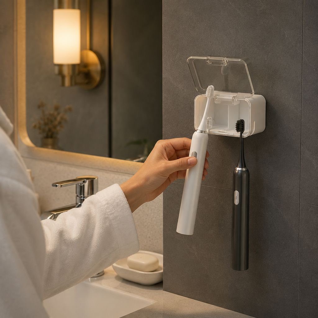 Minimalist bathroom decor with wall-mounted toothbrush holder