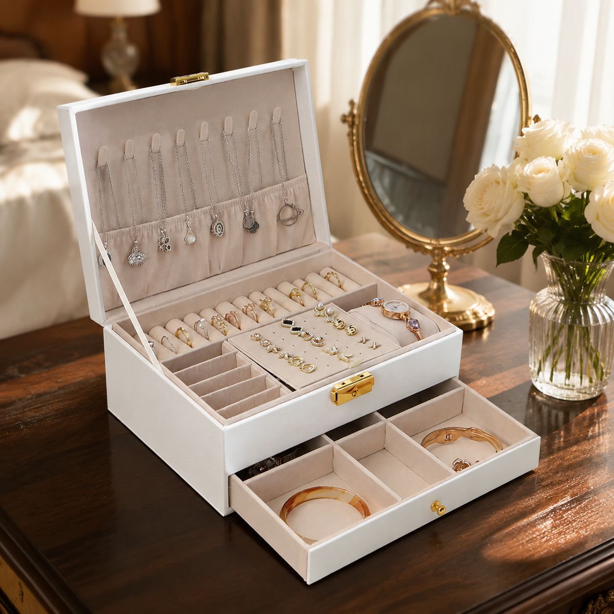 Portable Double-Layer Drawer Leather Jewelry Box, Luxury Earring Organizer with Lock