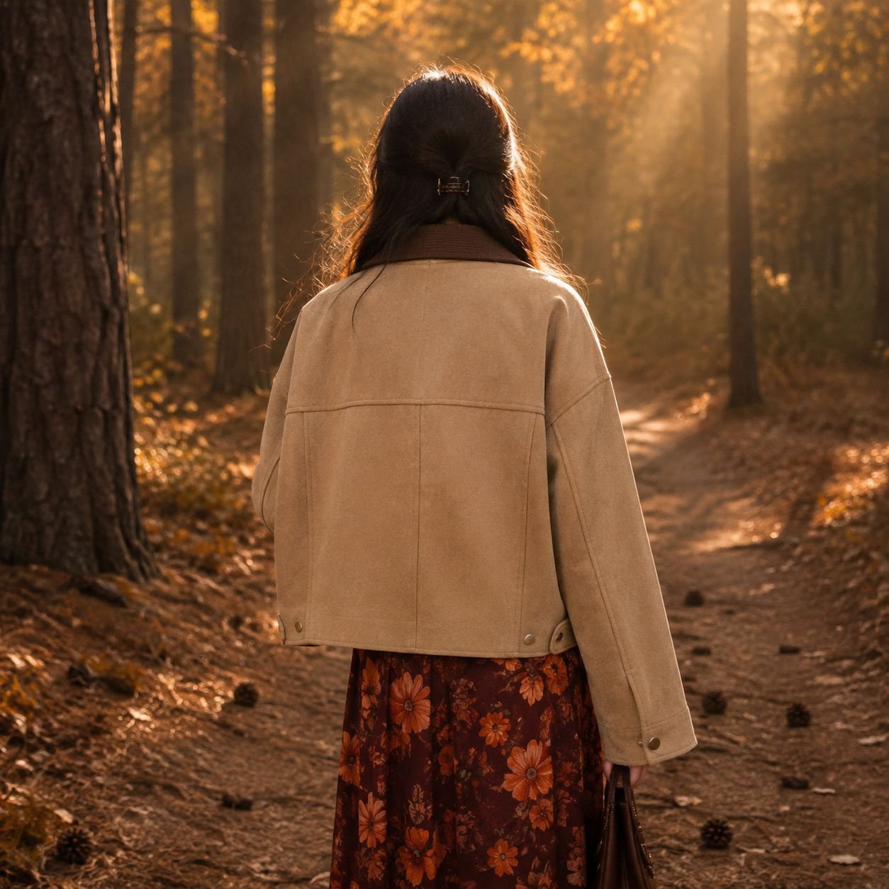 Chaqueta corta de otoño para mujer de ante en colores caramelo con botones