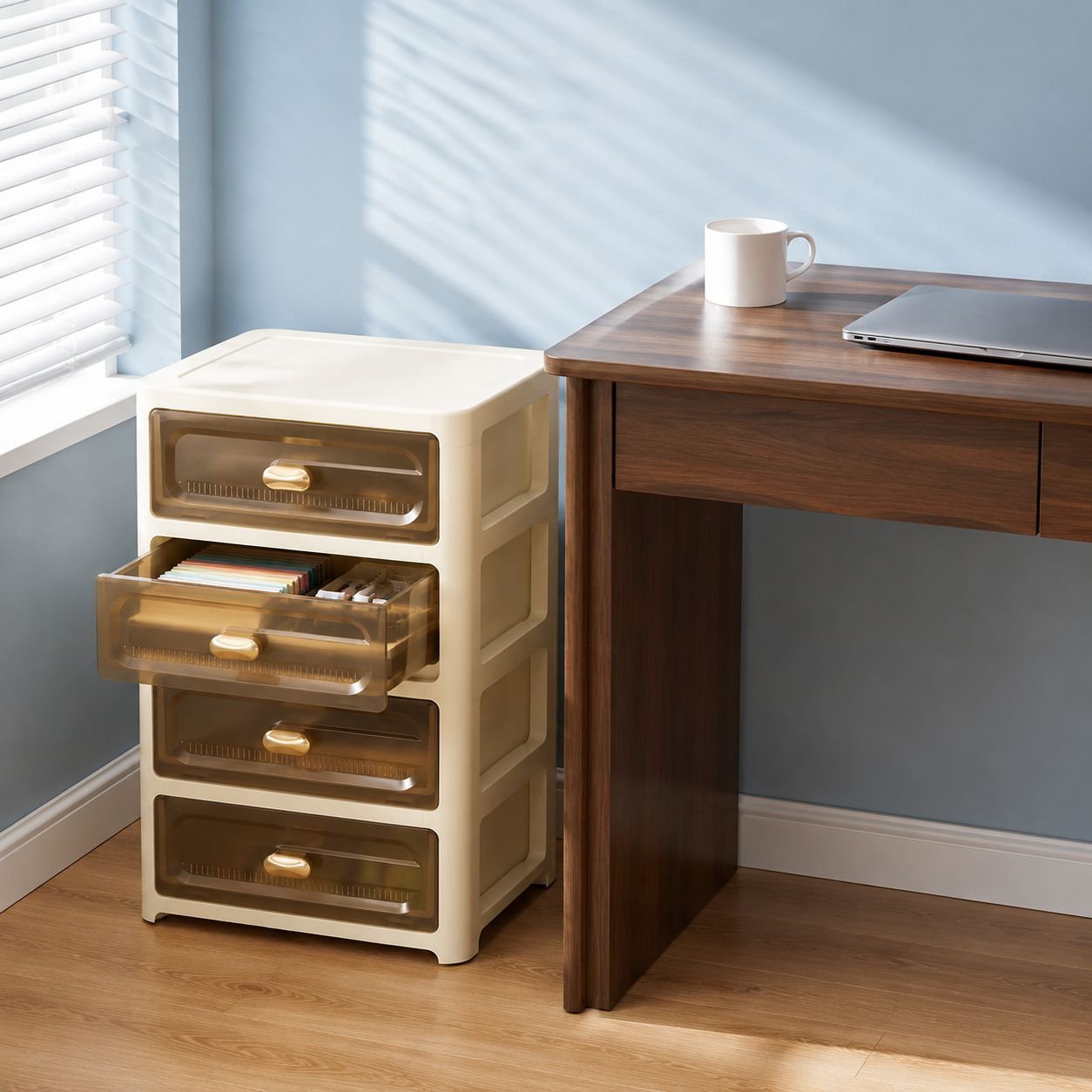Close-up of plastic storage organizer tiers